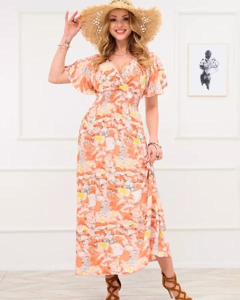 Orange women's long dress with fashionable pattern - Clothing