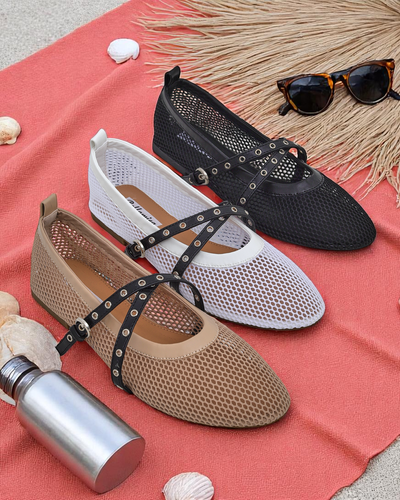 Балетки Royalfashion Calista Bianca – сетчатые белые женские туфли с черными ремешками