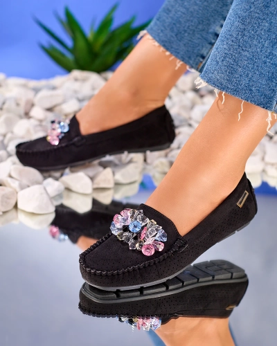 Royalfashion Openwork black women's moccasins with decorative crystals Cizzas