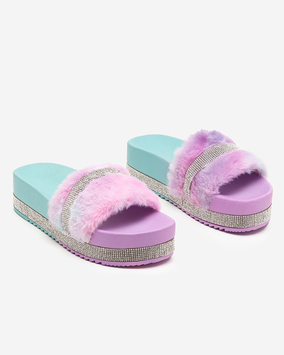 Violet-mint women's slippers with fur and cubic zirconia Zerika - Footwear