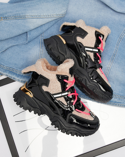 Melni sieviešu sporta apavi ar kažokādu un neona rozā šņorēm Adbo- Footwear