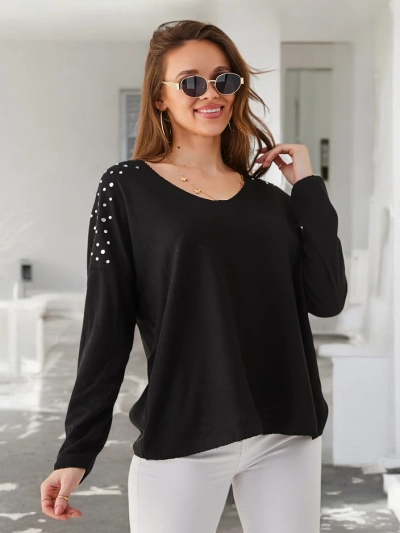 Royalfashion Women's thin viscose sweater with rhinestones on the shoulders