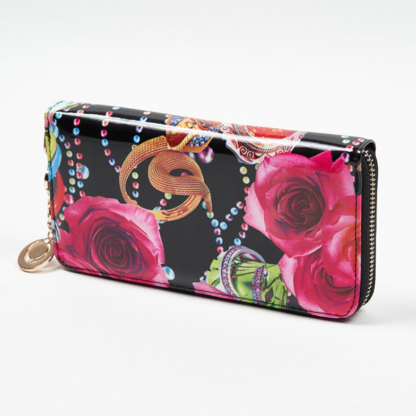 Black women's large wallet with pink flowers - Accessories