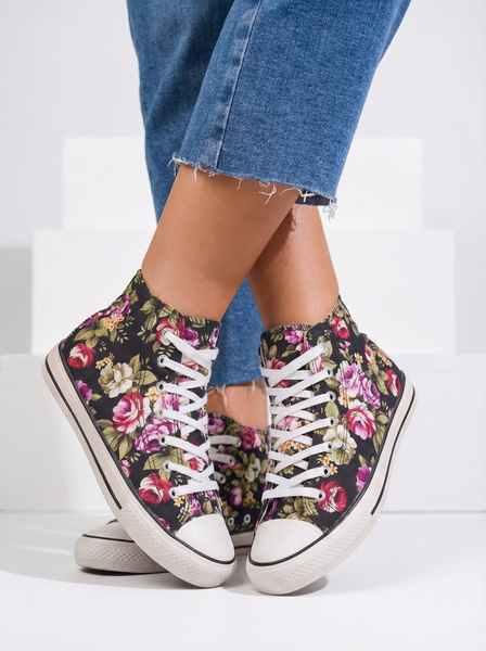 Royalfashion Women's high black sneakers in floral pattern Soxic