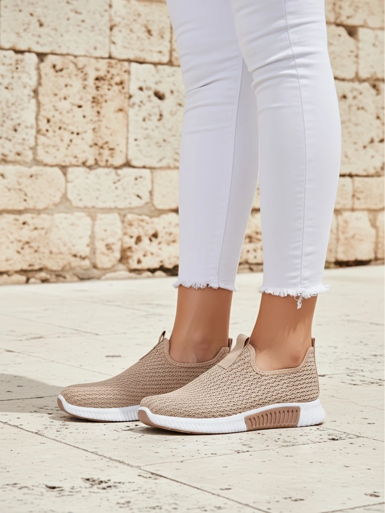 Damskie slip-ony Selene jasny brąz, tkanina, płaski obcas, komfort