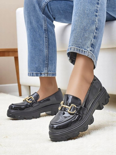 Royalfashion Patent Leather Women's Loafers with Decoration Black Velvet