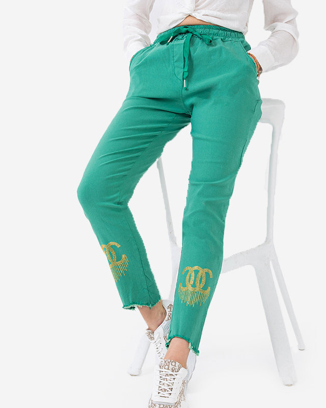 Green fabric pants for women with zircons - Clothing