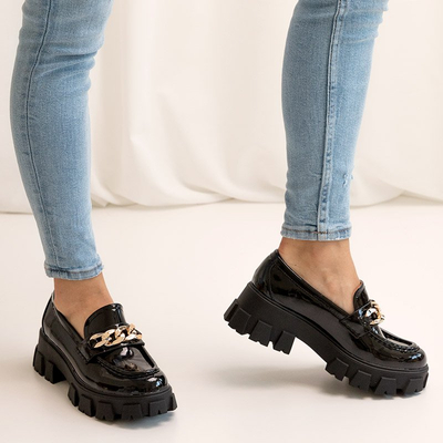 OUTLET Women's black lacquered slip on shoes with a chain Guinewra - Footwear