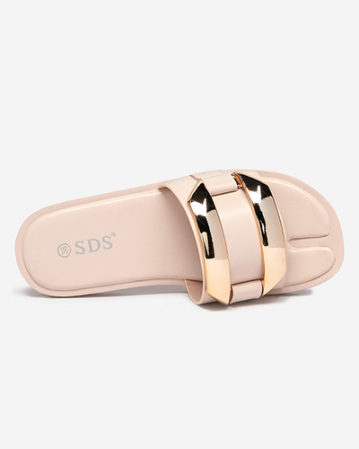 Beige women's slippers with a large golden ornament Kedino - Footwear