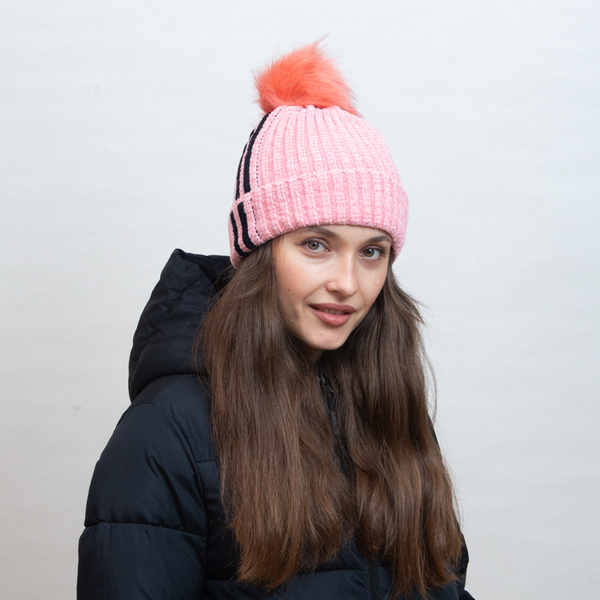 Pink insulated beanie with white stripes and pompom - Accessories