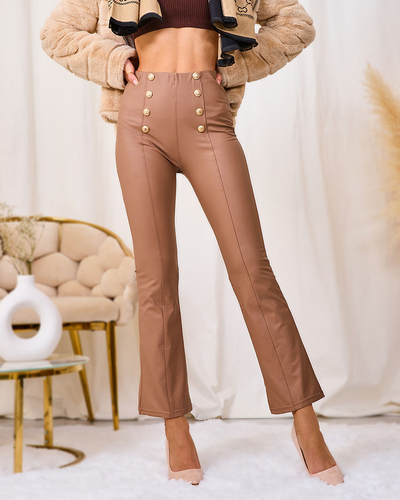 Royalfashion Коричневые женские леггинсы из экокожи с золотыми пуговицами