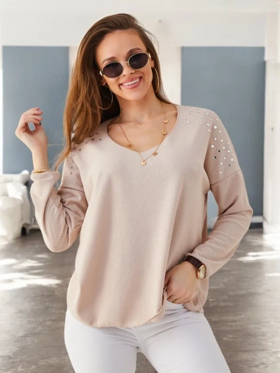 Royalfashion Women's thin viscose sweater with rhinestones on the shoulders