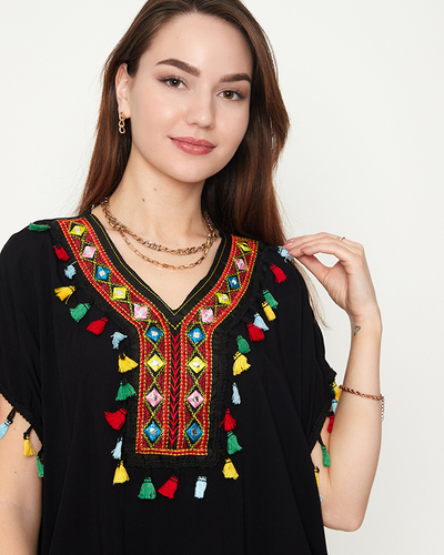 Женская летняя пляжная туника черного цвета с бахромой - Одежда