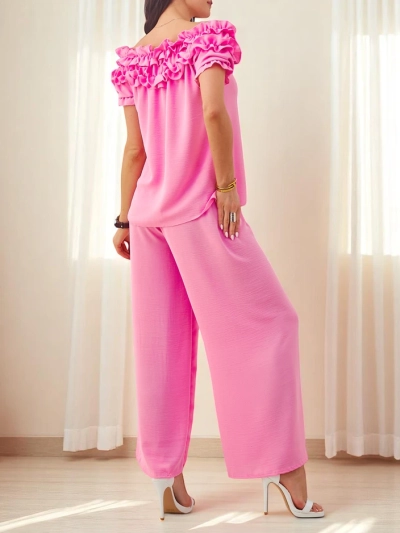 Royalfashion Women's set with an off-the-shoulder blouse with short sleeves and decorative neckline, and flared pants