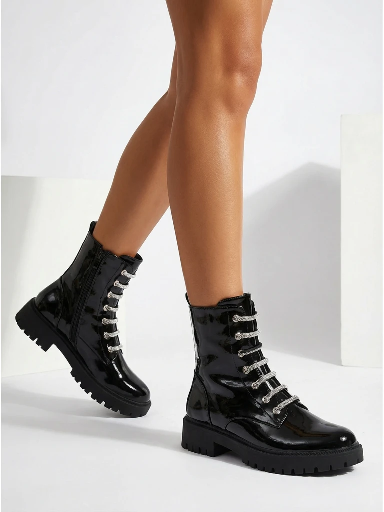 Patent Lace-up Women's Ankle Boots Velmini
