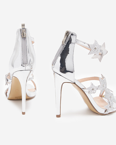 Silver women's sandals on a high heel with stars Starico - Footwear