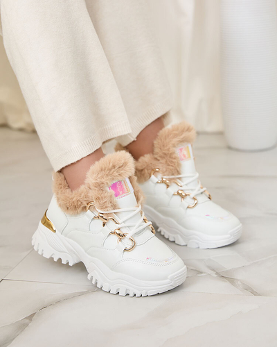 Royalfashion White women's sports sneakers with fur Wicallen