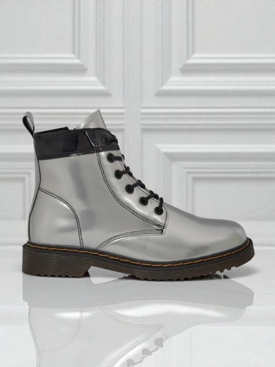 Women's Silver Celestina Eco Patent Leather Ankle Boots with Zipper