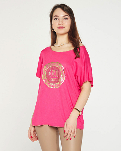 Fuchsia women's t-shirt with gold print and cubic zirconia - Clothing