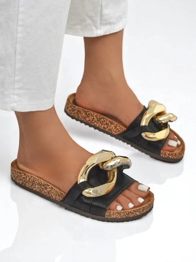 Ariadne Royalfashion summer slippers with a large gold chain, black leather
