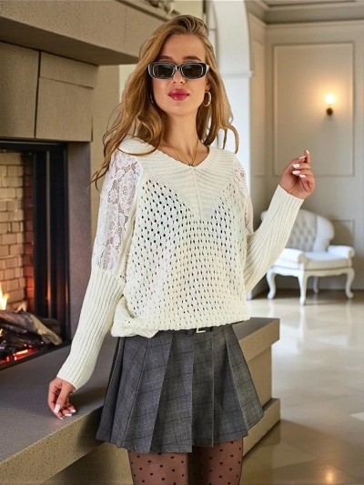 Royalfashion Women's openwork sweater with lace