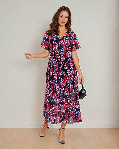 Royalfashion Women's pleated floral midi dress