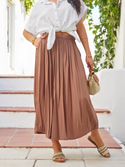 Royalfashion Sieviešu Auduma Midi Vasaras Svārki Gaiši un Plūstoši ar Divām Kabatām