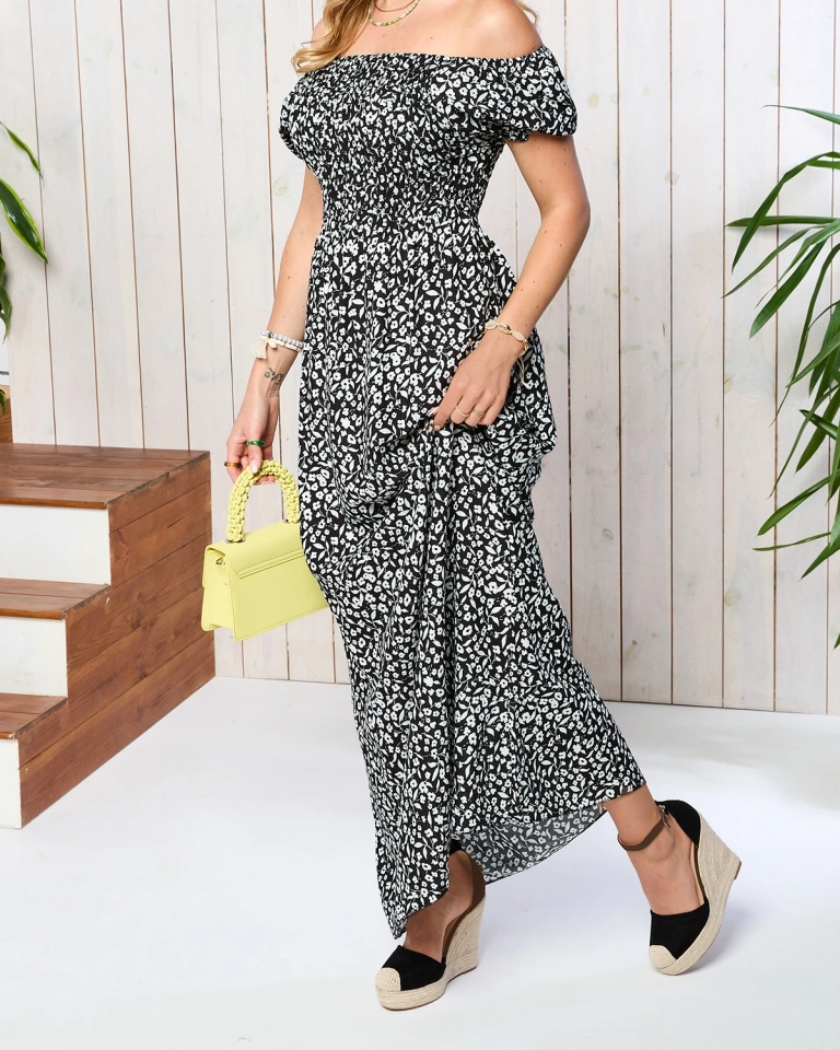 Women's black midi dress with floral pattern - Clothing
