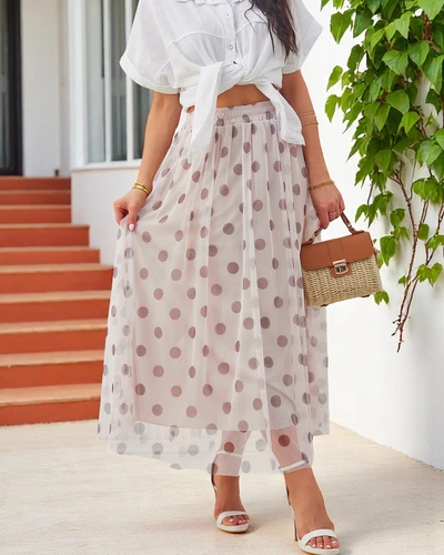 Royalfashion Sieviešu vidējās garuma viskozes svārki ar tulle punktiem