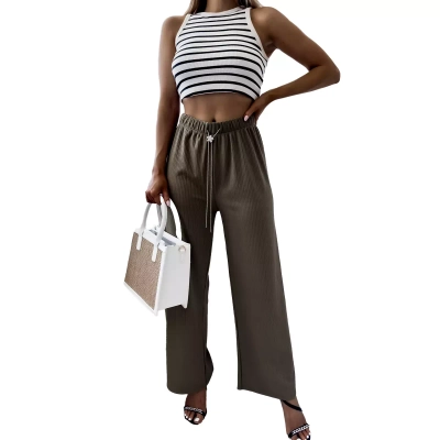 Green women's wide ribbed pants - Clothing