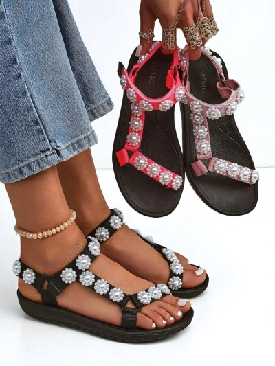 Sandały damskie Royalfashion Perseida czarne na platformie z perełkami