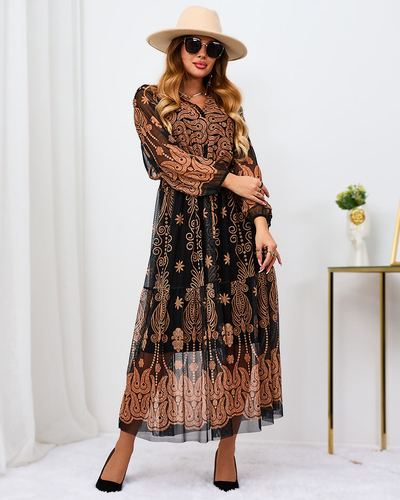 Royalfashion Black and brown mesh floral maxi dress