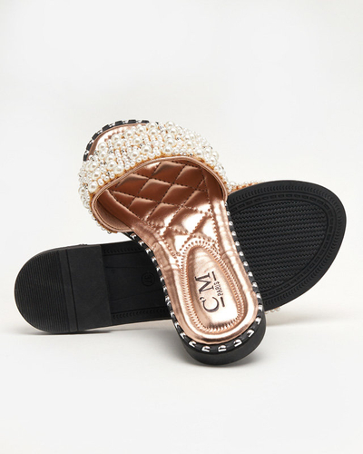 OUTLET Women's slippers with pearls in rose gold color Loppo - Footwear