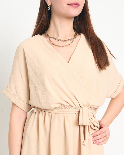 Beige women's simple dress with envelope neckline - Clothing