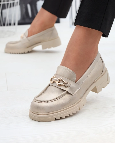 Золотые женские мокасины с цепочкой Sotella - Обувь