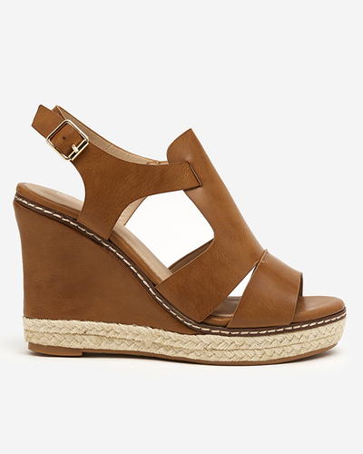 OUTLET Light brown women's sandals on a high wedge heel Clack - Footwear