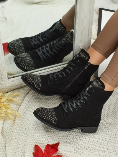 Eko zamszowe sznurowane botki damskie z cyrkoniami Marvelli