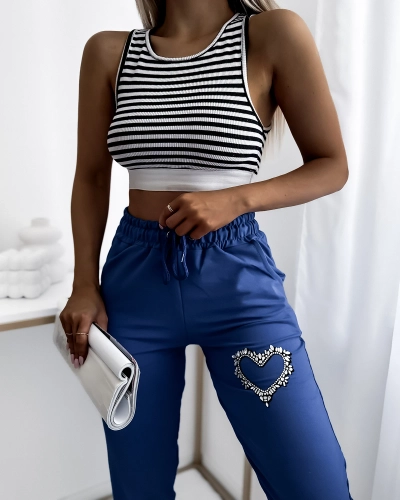 Женские синие треники с украшением из циркония - Одежда