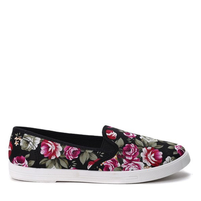 Czarne tenisówki typu slip on w kwiaty - Obuwie