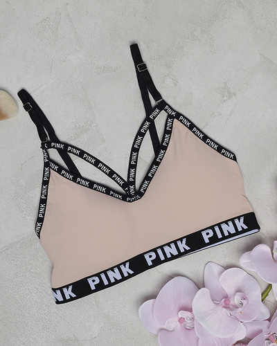 Women's pink sports bra with inscriptions - Underwear