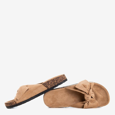 Brown eco-suede slippers with a Sun and Fun bow - Footwear