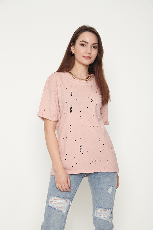 Cotton women's t-shirt with decorative holes in pastel pink - Clothing
