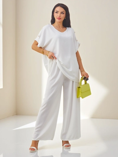 Royalfashion Women's cotton two-piece set with short sleeves and wide pants