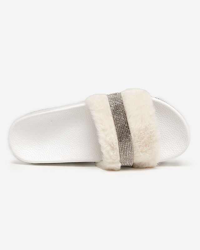 White women's slippers with fur and cubic zirconia Zerika - Footwear