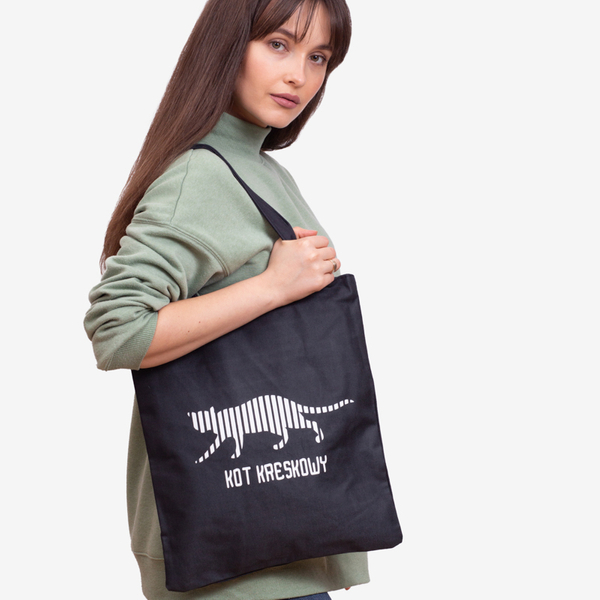 Melna auduma soma ar kaķa uzrakstu un apdruku - Aksesuāri