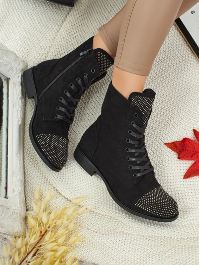 Eco-suede laced women's ankle boots with zircons Marvelli