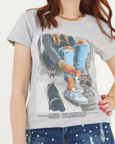 Gray women's T-shirt with print - Clothing