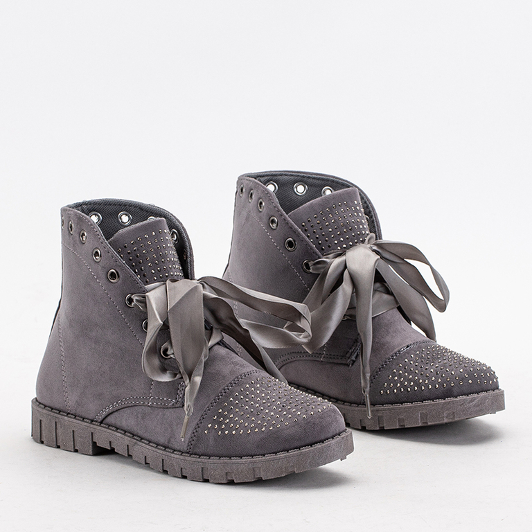 Grey women's boots with zircons laced with ribbon Segadi - Footwear
