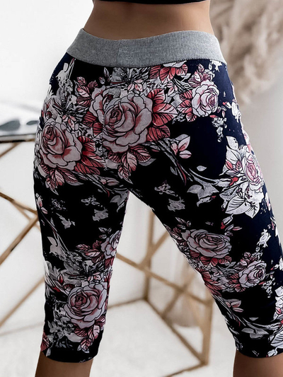 Women's floral 3/4 shorts in navy blue and coral PLUS SIZE - Clothing