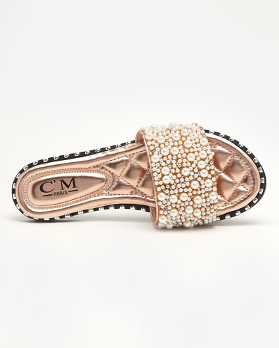 OUTLET Women's slippers with pearls in rose gold color Loppo - Footwear